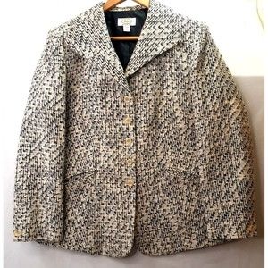 Talbots Cream & Brown Chevron Print Silk Cotton Blazer Jacket, Size 12W Lined